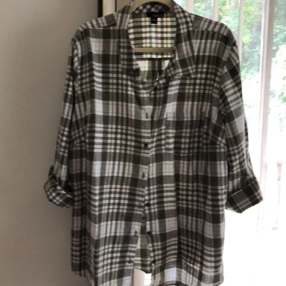 Plaid blouse with roll sleeves.  Green plaid.